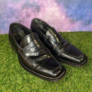 Via Spiga Black Smooth Leather Apron Toe Italian Penny Loafers Men's Shoes Sz 8